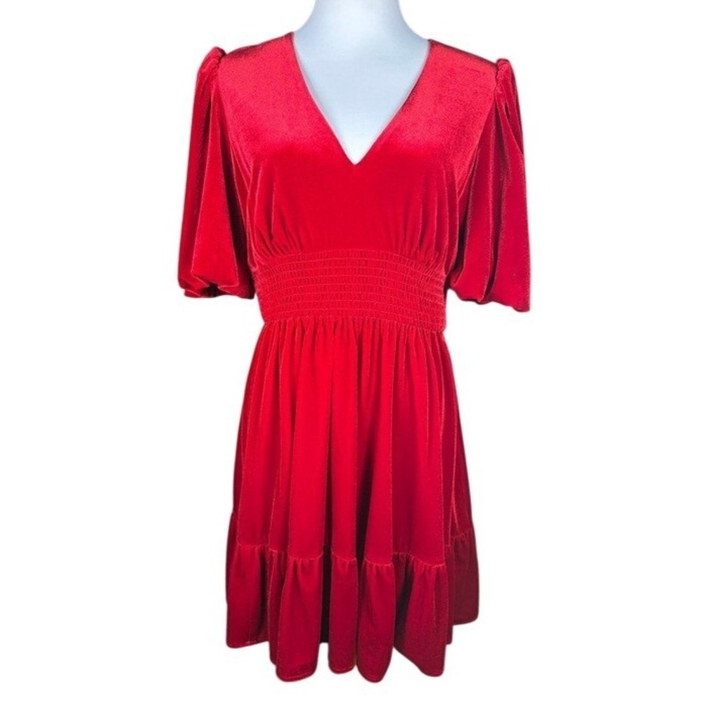 Antonio Melani Red Velvet V-Neck Mini Dress Short Puff Sleeve Smocked Waist 10